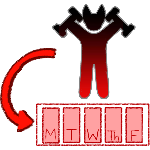 A red and  and black image of a wolf like character lifting a weight in each hand , a red arrow points from the box to a small weekly red and white calendar with the dates "M, T, W, Th, F" in red